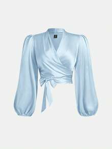 SHEIN MOD Plus Size Women's Black Wrap-Style Tie Bow Lantern Sleeve Shirt Silk Blouse Wrap Tops For Women Baby Blue Top Women Light Blue Top Light Blue Blouse - Baby Blue - View 1