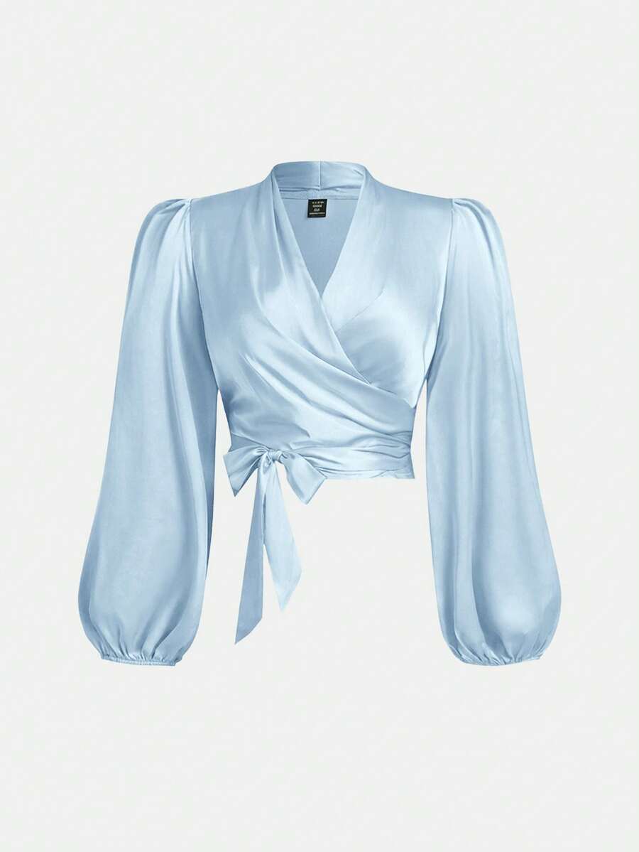 SHEIN MOD Plus Size Women's Black Wrap-Style Tie Bow Lantern Sleeve Shirt Silk Blouse Wrap Tops For Women Baby Blue Top Women Light Blue Top Light Blue Blouse - Baby Blue - View 1