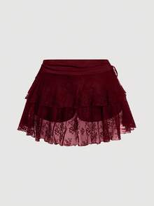 SHEIN MOD Damen Minirock in Große Größen mit schwarzer Spitze und Tunnelzug, Neujahrskostüme, Rave-Outfits, Festival, Y2K-Kleidung, sexy Rock, Western-Bekleidung für Frauen, Sommeroutfits für Frauen, Country-Outfits, Valentinstag, Kreuzfahrt-Outfits für Frauen, sexy - Bordeaux - Übersicht 2