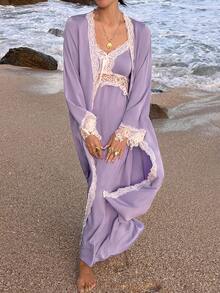 DAZY Women's Romantic Contrast Color Lace Patchwork Sleepwear Set - Robe & Slip Dress Pajamas - Purple - View 10