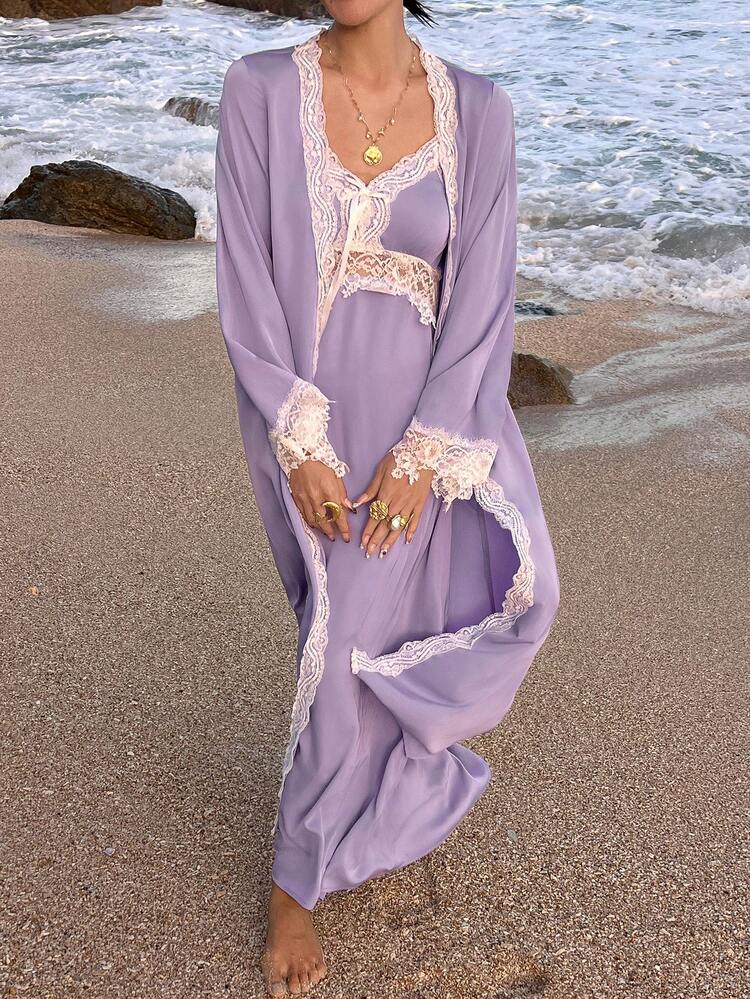Women's Romantic Contrast Color Lace Patchwork Sleepwear Set - Robe & Slip Dress