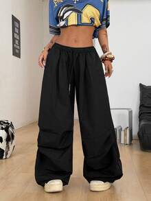 Coolane 女士休闲抽绳腰黑色梭织长裤 - 黑色 - 查看 4