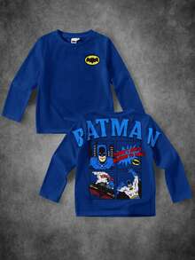 BATMAN X SHEIN Young Boy Cartoon Pattern Loose Fit Crew Neck Long Sleeve T-Shirt - Navy Blue - View 2