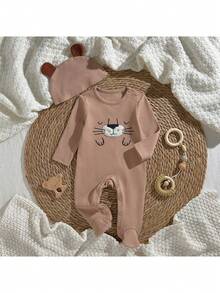 Loomiva 新生女宝宝卡通熊图案针织柔软圆领长袖连体衣和帽子两件套 - 彩色 - 查看 6