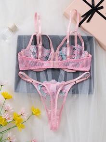 2pcs Women Embroidered Hollow Padded Bra & Panty Set, Sexy Lingerie - Pink - View 2