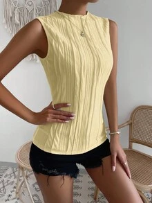 SHEIN LUNE 女士纯色褶皱设计休闲百搭背心 - 淡黃色 - 查看 7
