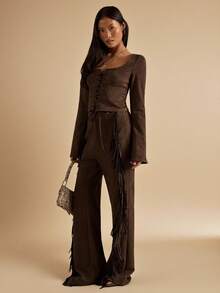 SHEIN BAE 复古流苏系带修身女裤 - 摩卡棕 - 查看 1