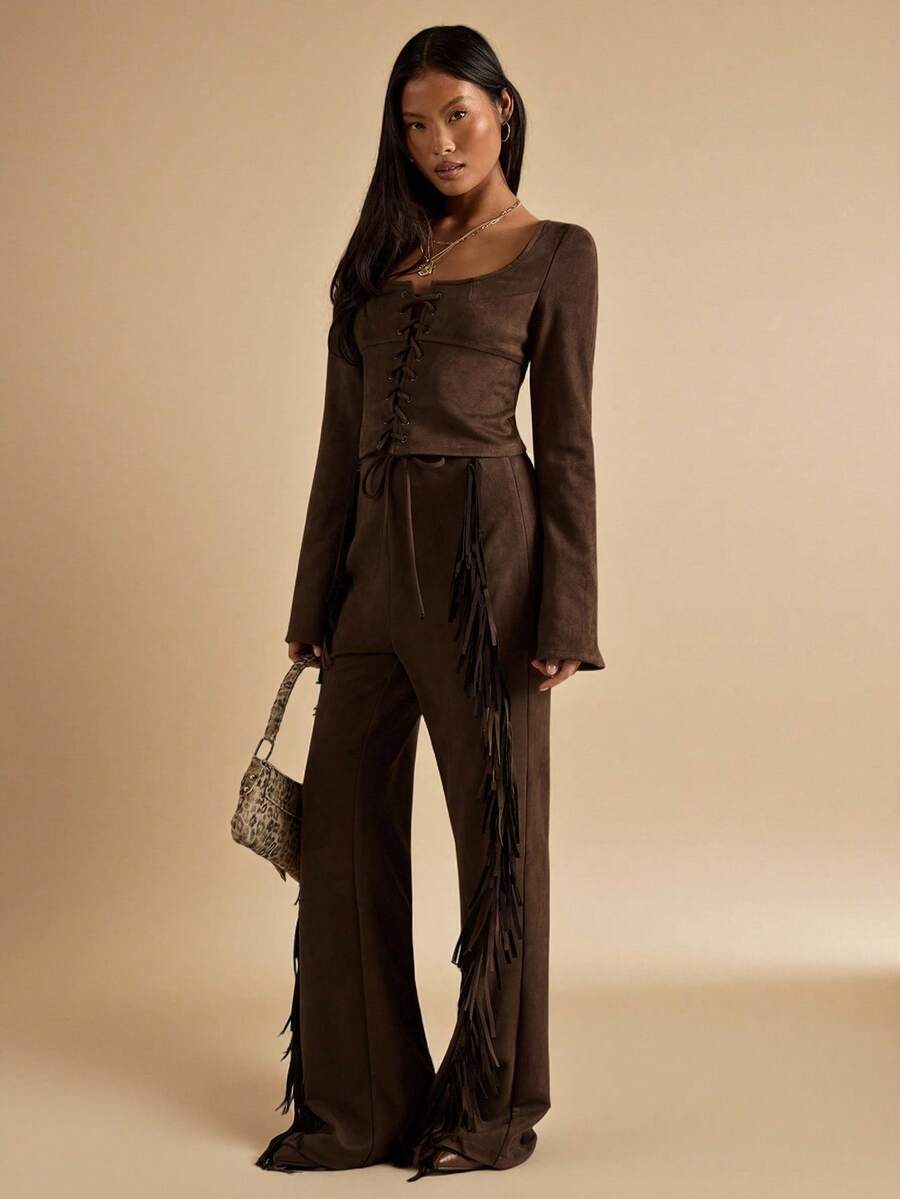 SHEIN BAE 复古流苏系带修身女裤 - 摩卡棕 - 查看 1