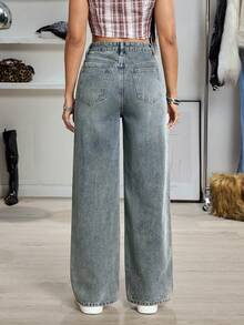 SHEIN ICON 女士口袋纽扣休闲百搭通勤阔腿牛仔裤 - 薄荷藍 - 查看 2