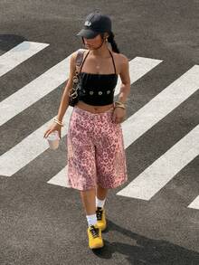 StreetHx Y2K Fashion Casual Street Style Pink Leopard Print Low Waist Cropped Jeans - Pink - View 6