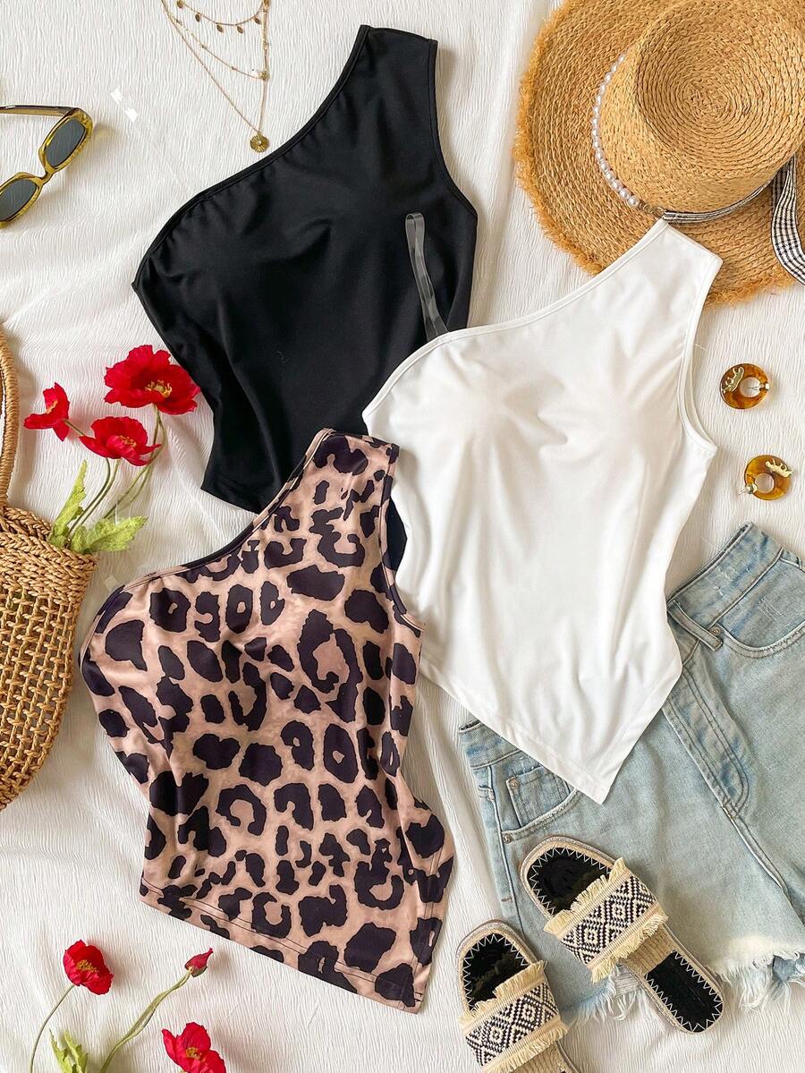 少女不对称下摆单肩背心，夏季 - 彩色 - 查看 1