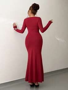 Islaluna 酒红色优雅长袖扭褶晚礼服，适合宴会和正式场合，秋冬季 - 酒紅色 - 查看 5