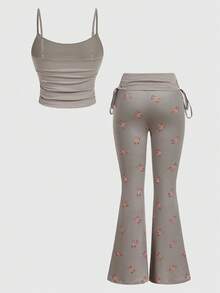 ROMWE J-Fashion Cute Deer Embroidered Lace Blouse Paired With Deer All-Over Print Flare Pants - Grey - View 2