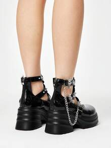 ROMWE Women's Fashion Punk Rivet Chain Decor Thick Bottom Wedge Loafers - Black - View 5