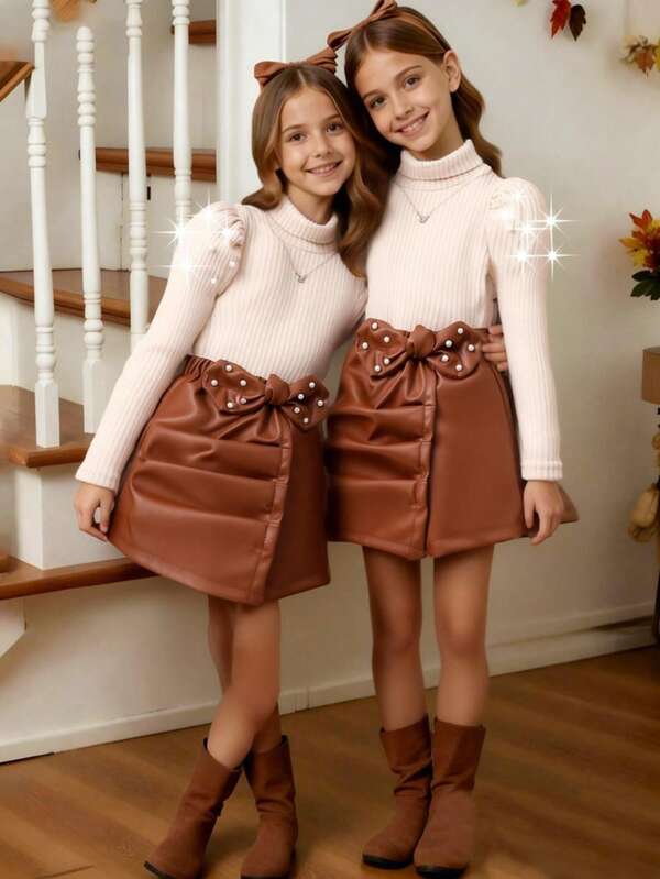 Elladie kids Set de 2 piezas: Suéter de punto de cuello alto con mangas abullonadas para niñas adolescentes en otoño/invierno + Falda-pantalón de piel sintética marrón con lazo de perlas, estilo elegante y dulce para niños