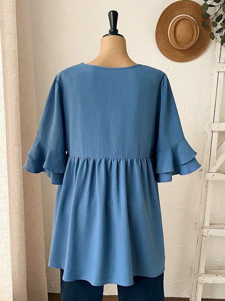 Plus Size Women V-Neck Ruffle Short Sleeve Loose Blouse,Vacation/Summer/Spring Country Style For Women Summer Holiday Spring Break Dusty Blue Women