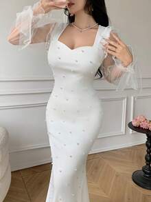 Celisse 优雅白色珍珠装饰方领泡泡袖收腰鱼尾连衣裙 - 白色 - 查看 5