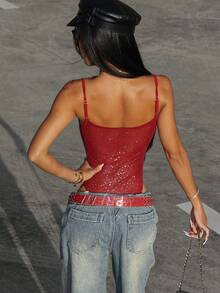 Rina Fox Women's Glitter Spaghetti Strap Bodysuit - Burgundy - View 2