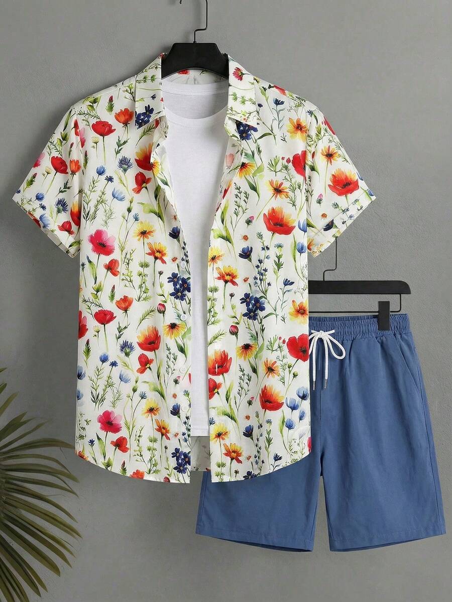 Manfinity Swimmode 印花纽扣短袖衬衫和短裤沙滩套装 - 彩色 - 查看 1