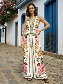 CAJUNI Women's Floral Print Halter Top And Wide Leg Pants, Summer Vacation - Beige - View 1