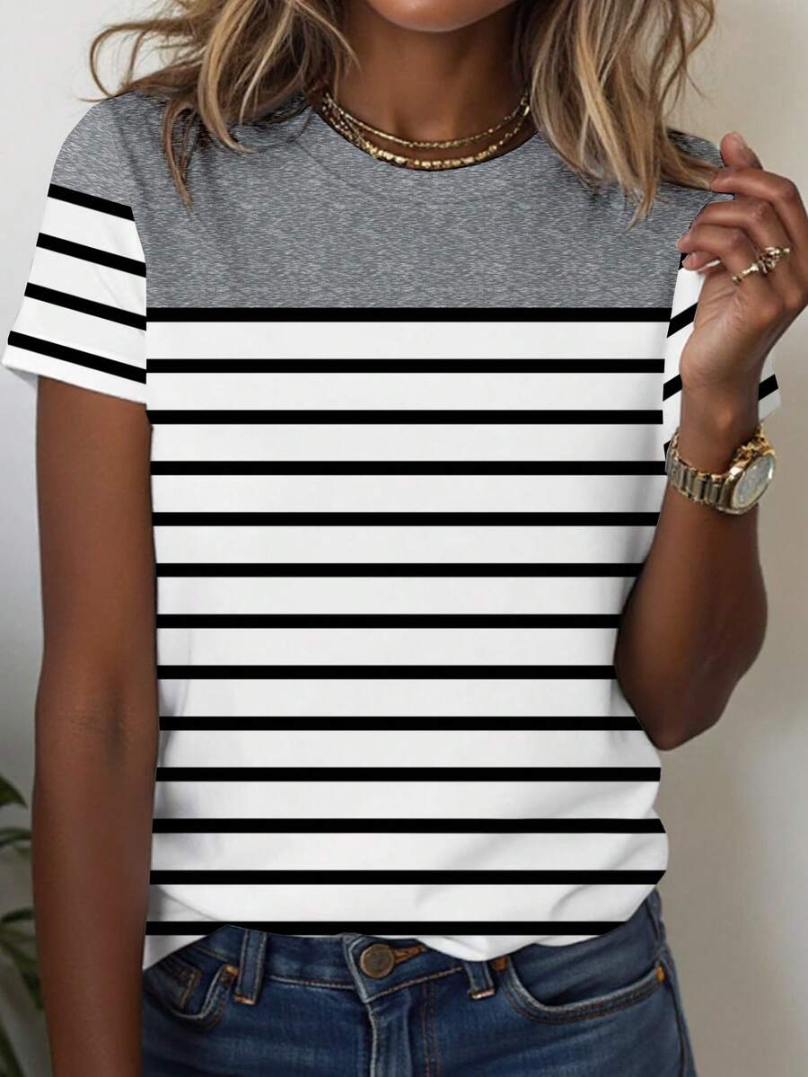 Selamara Camiseta de manga corta de cuello redondo con bloques de color y rayas, casual de verano - Multicolor - Ver 1