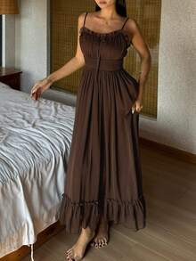 DAZY 浪漫雪纺褶皱吊带高腰荷叶边下摆女式长裙