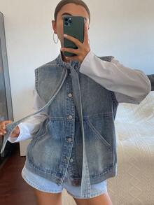 DAZY Women's Loose Denim Vest With Strap Design - Blue - View 5