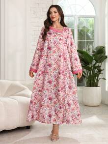 Al Najma Ribbon Patchwork Front Button Asymmetric Collar Print Dress With Headscarf - Multicolor - View 7