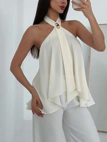 Aloruh 女士纯色金属装饰优雅吊带上衣，情人节女装，可爱夏季上衣，杏色缎面材质，饰有金属扣环，吊带设计，A字廓形，显瘦，是约会和浪漫派对的完美之选 - 白色 - 查看 4