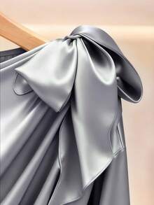 Modelyn 优雅纯色高品质缎面褶皱蝴蝶结腰部长袖女式衬衫 - 藍色 - 查看 5