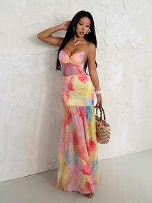 SHEIN PETITE Romantic Floral Print Dress With Spaghetti Straps And Open Back, Suitable For Dates, Vacations, Spring/Summer ,Summer Dress - Multicolor - View 7