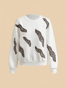 Anewsta Women's Modern Street Style Energetic Leopard Print Beaded Crew Neck Pullover Sweatshirt, Spring - Apricot - View 1