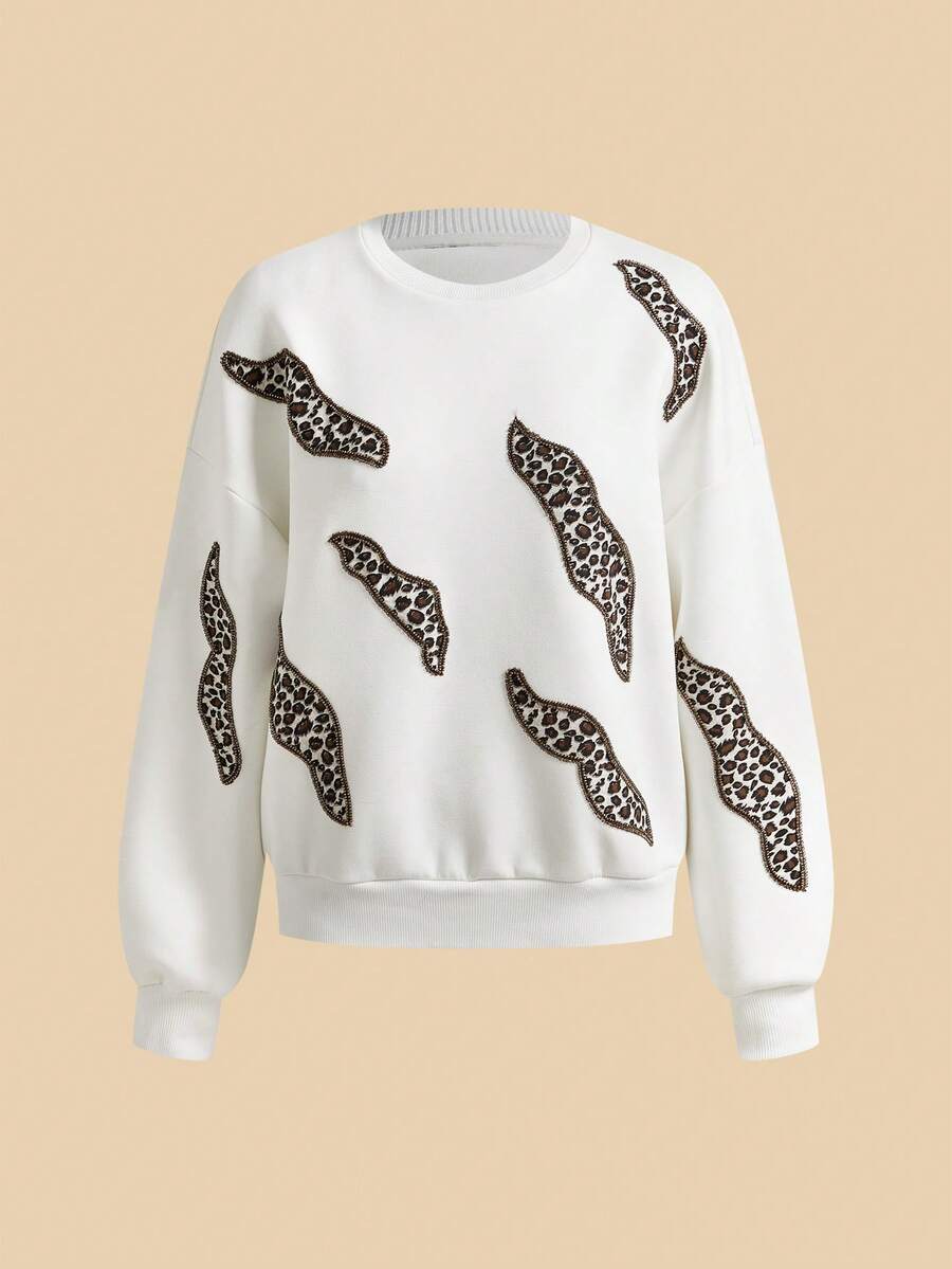 Anewsta Women's Modern Street Style Energetic Leopard Print Beaded Crew Neck Pullover Sweatshirt, Spring - Apricot - View 1