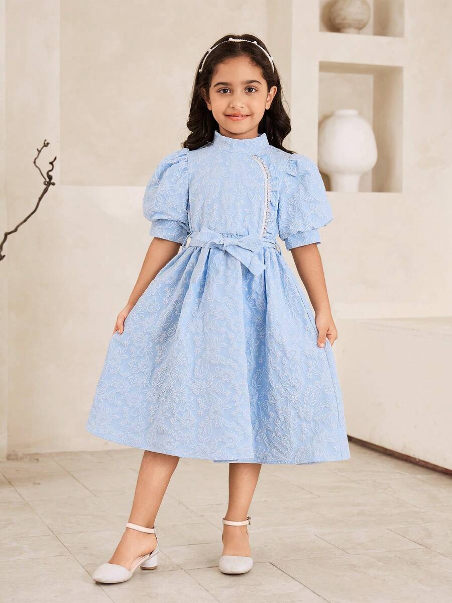 SHEIN Glamorique Kids 珍珠装饰提花面料蝴蝶结泡泡袖女童派对礼服 儿童提花连衣裙 - 淺藍色 - 查看 1