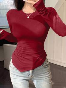 DAZY Asymmetric Design Fitted Long Sleeve Women T-Shirt - Red - View 2
