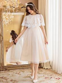 SHEIN 少女蕾丝网纱束腰派对鸡尾酒公主裙 - 白色 - 查看 4