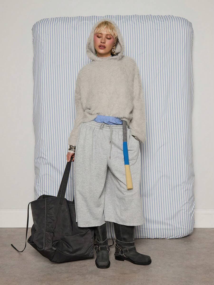 COUREZ Overhead Boxy Hoodie In Fury Knit /Y2K Spring Clothes For Women Cute Cozy Going Out Outfits Back To School Grey Fuzzy Hoodie Date Night Valentines Day