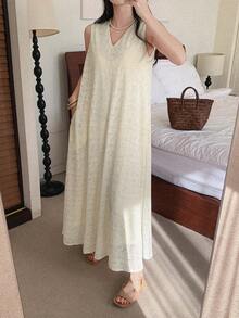 DAZY 女士V领带口袋休闲宽松时尚无袖中长连衣裙婚礼宾客礼服 - 米色 - 查看 4