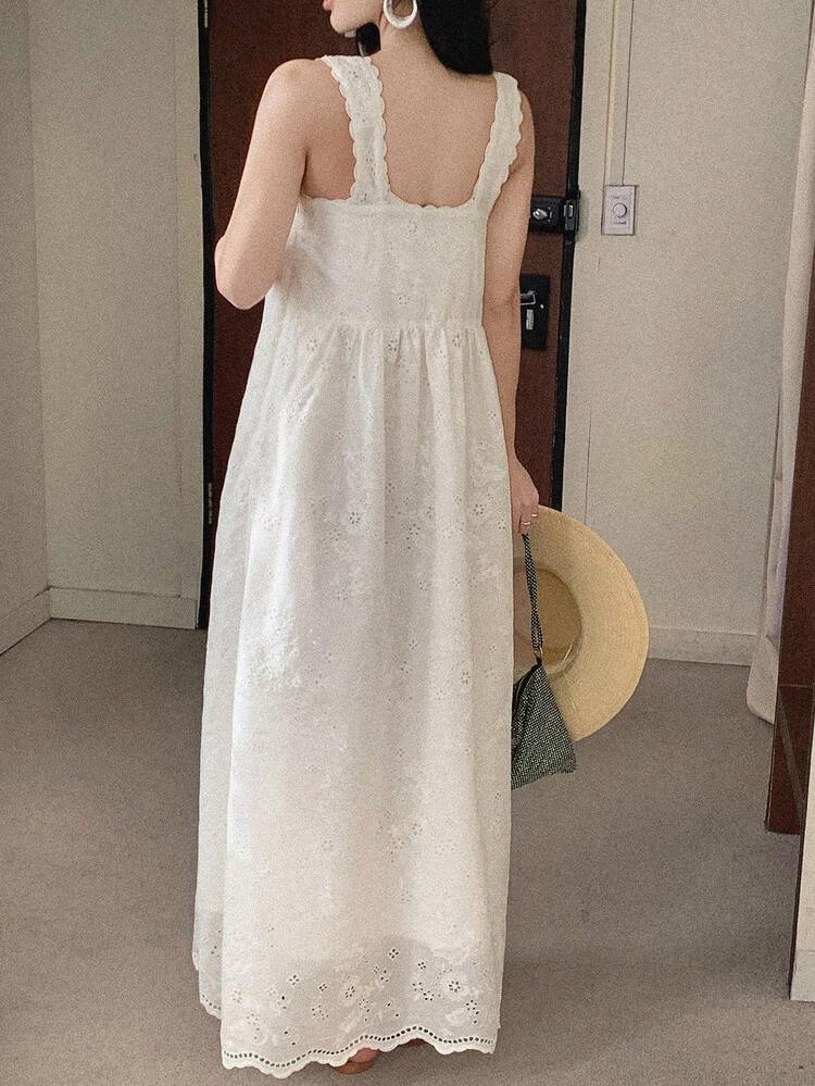 Women's Hollow Embroidery Square Neck Sleeveless Elegant Mid-Length Dress,Valentine Outfits For Women Summer Maxi Dress Sundress