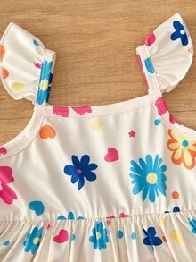 SHEIN Vintaside Kids 三件装女婴荷叶边吊带连衣裙，条纹配彩色花卉/粉色图案，甜美可爱，适合夏季玩耍和度假。 - 彩色 - 查看 10