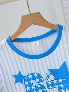 SHEIN Sparklyn Tween Girls' Casual Striped & Star Print Round Neck Short Sleeve Dress, Summer - Blue - View 4