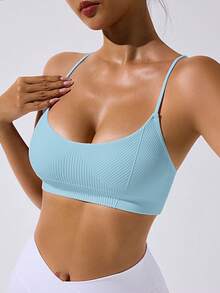 SHEIN Sovereign Charm 女士纯色无缝健身运动背心 - 淺藍色 - 查看 2