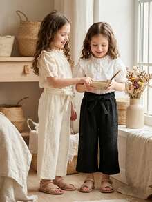 SHEIN Vintaside Kids 2条装少女休闲日常通勤简约纯色纹理面料纸袋腰带宽松阔腿裤 - 白色 - 查看 6