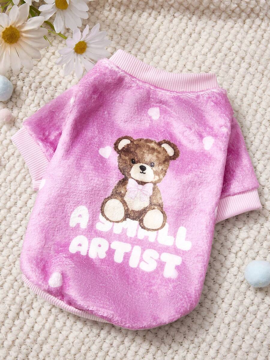 PETSIN 1件印花小熊字母法兰绒卫衣，宠物秋冬加厚保暖粉色款 - 粉色 - 查看 1