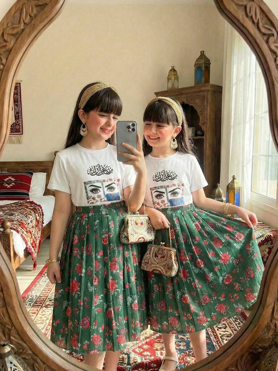 SHEIN 2pcs/Set Girls' Traditional Arabic Clothing, Floral Print Decor White Short Sleeve T-Shirt (Featuring Floral Pattern + Intricate Eye Design) + Vintage Dark Green Floral Pleated Skirt Set - Multicolor - View 1