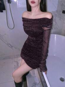 DAZY 女士网纱露肩迷你连衣裙，派对装，春夏闪亮连衣裙 - 紫色 - 查看 2