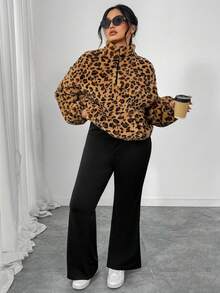 Elenzga Women's Plus Size Leopard Print Jacket + Simple Flare Pants 2 Piece Set, Suitable For Casual Outings, Long Sleeve, Autumn/Winter - Multicolor - View 5