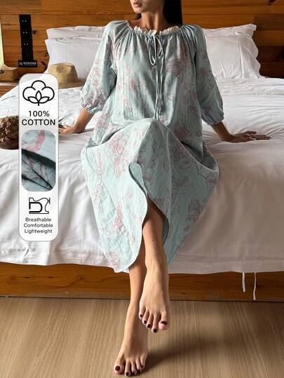 DAZY Floral Print Tie-Waist Loose 3/4 Sleeve Women Nightgown