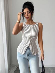 Selianne 女士时尚撞色条纹罗纹无袖圆领纽扣修身背心，优雅通勤风 - 杏色 - 查看 6