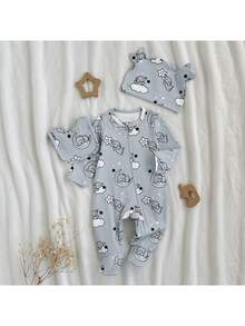 Loomiva Newborn Baby Girl 3-Piece Set: Cartoon Elephant Print Knit Soft Crew Neck Long Sleeve Jumpsuit And Hat - Multicolor - View 5